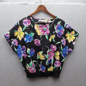 Copy Cats Vintage Floral Print Dolman Sleeve Top Black Multicolor Made In USA Wo
